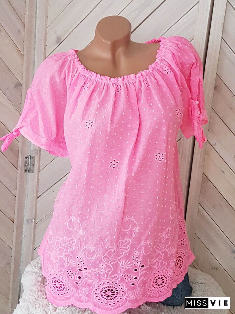 Women Short Sleeve Scoop Neck Printed Polka Dot Top
