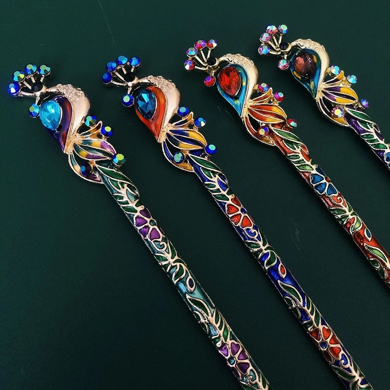 Supply Vintage Headdress Peacock Crystal Cloisonne Hairpin Chinese Style Hanfu Updo Accessories Raccoon Hair Accessories