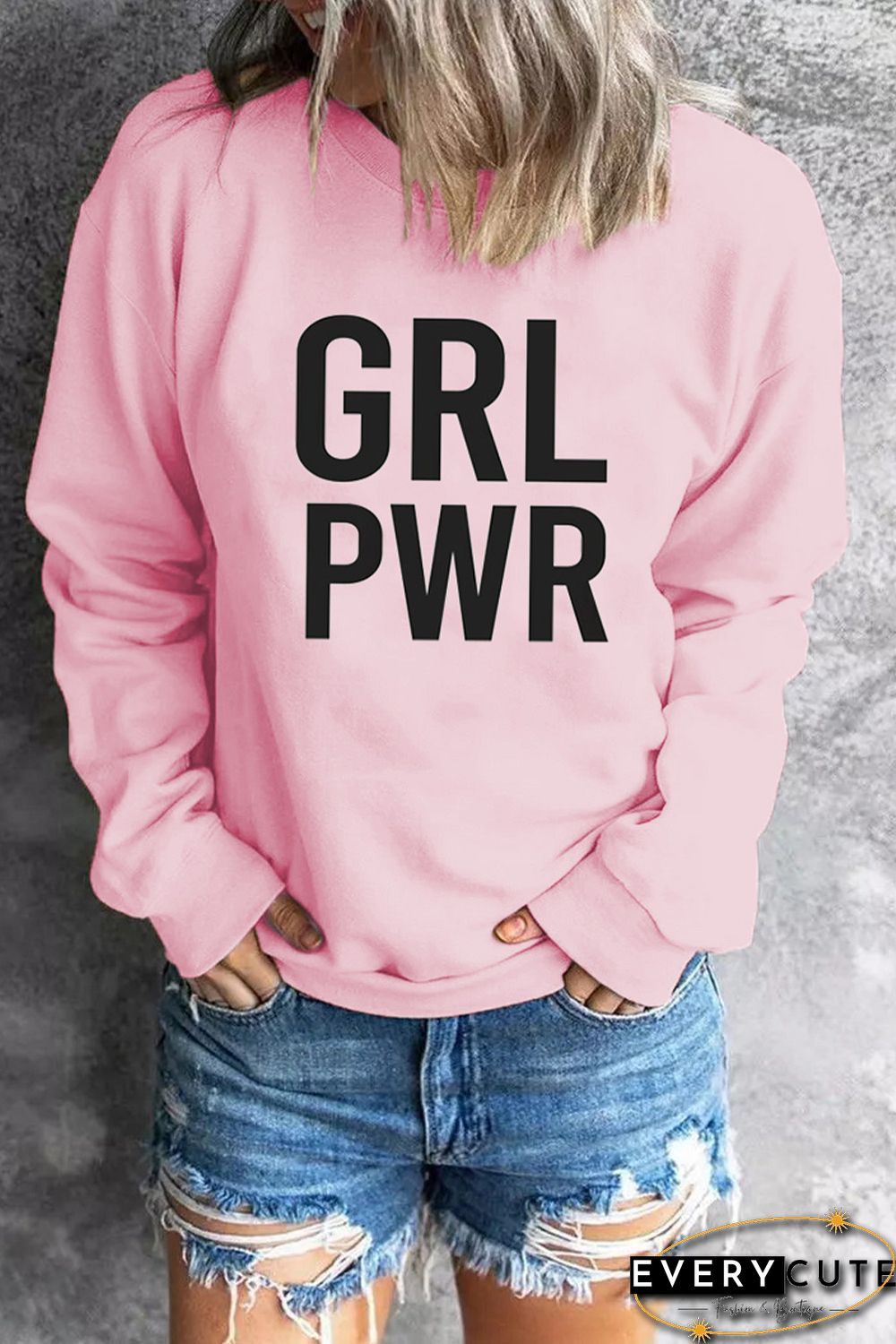 Pink GRLPWR O-neck Long Sleeve Pullover Sweatshirt