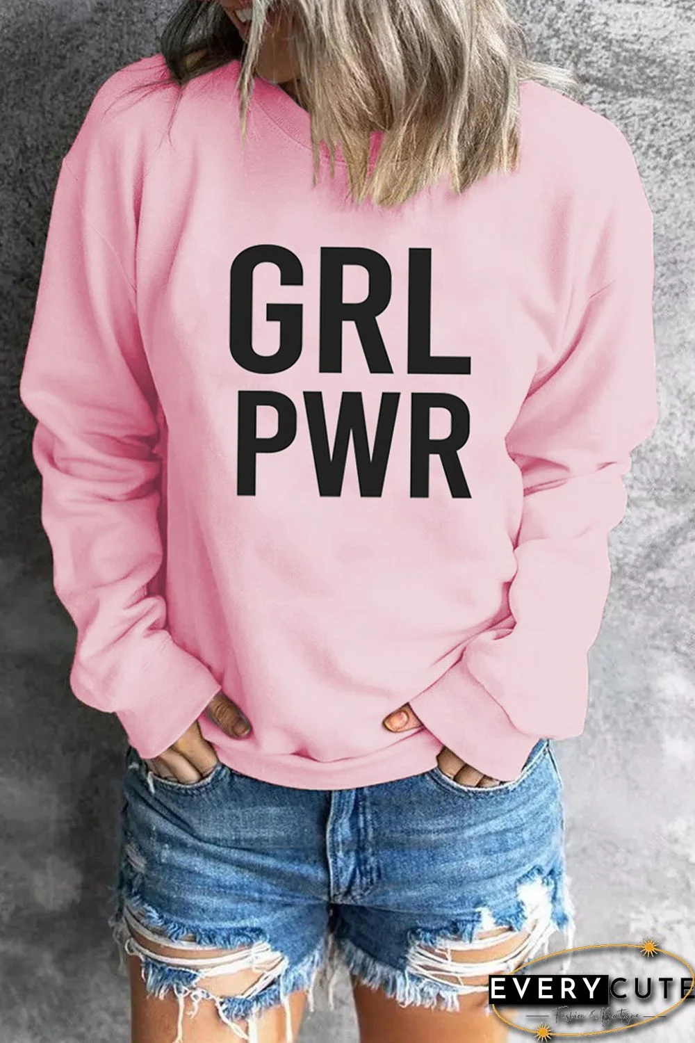 Pink GRLPWR O-neck Long Sleeve Pullover Sweatshirt