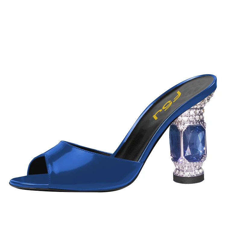Navy Peep Toe Crystal Decorative Chunky Heel Mules Sandals |FSJ Shoes