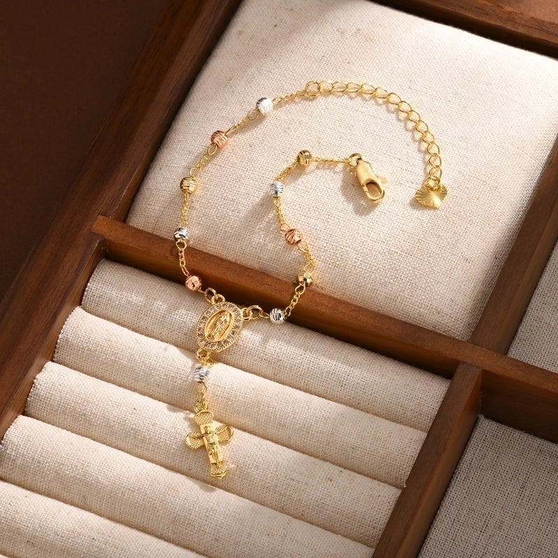 Vintage Style Religion Cross Virgin Mary Copper Zircon 18K Gold Plated Inlay Bracelets