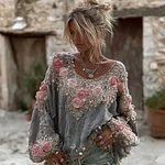 Women's Vintage Pink Rose Embroidery Art Round Neck Long Sleeve Linen Blend T-shirt - Image 5