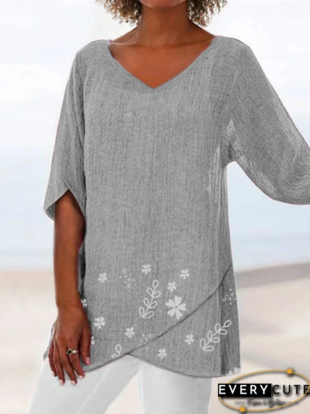 Women Floral Print Irregular V Neck Blouses