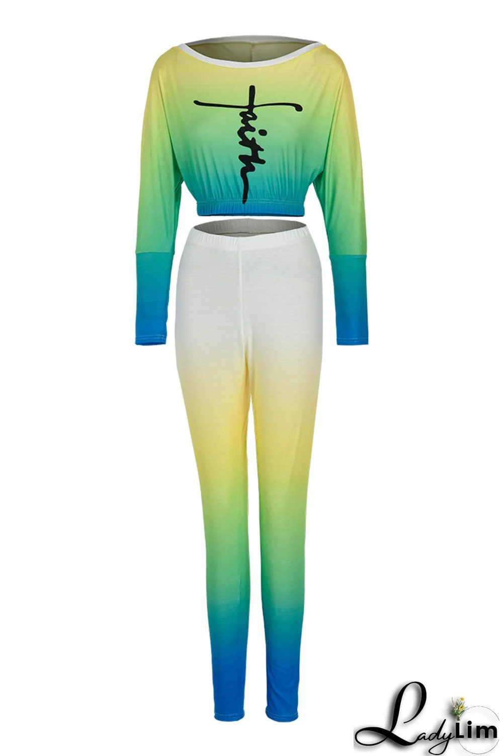 Purplish Blue Fashion Casual Gradual Change Print Basic Oblique Collar Long Sleeve Two Pieces