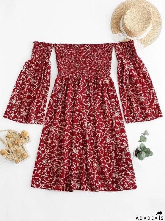 Tiny Floral Off Shoulder Smocked Dress