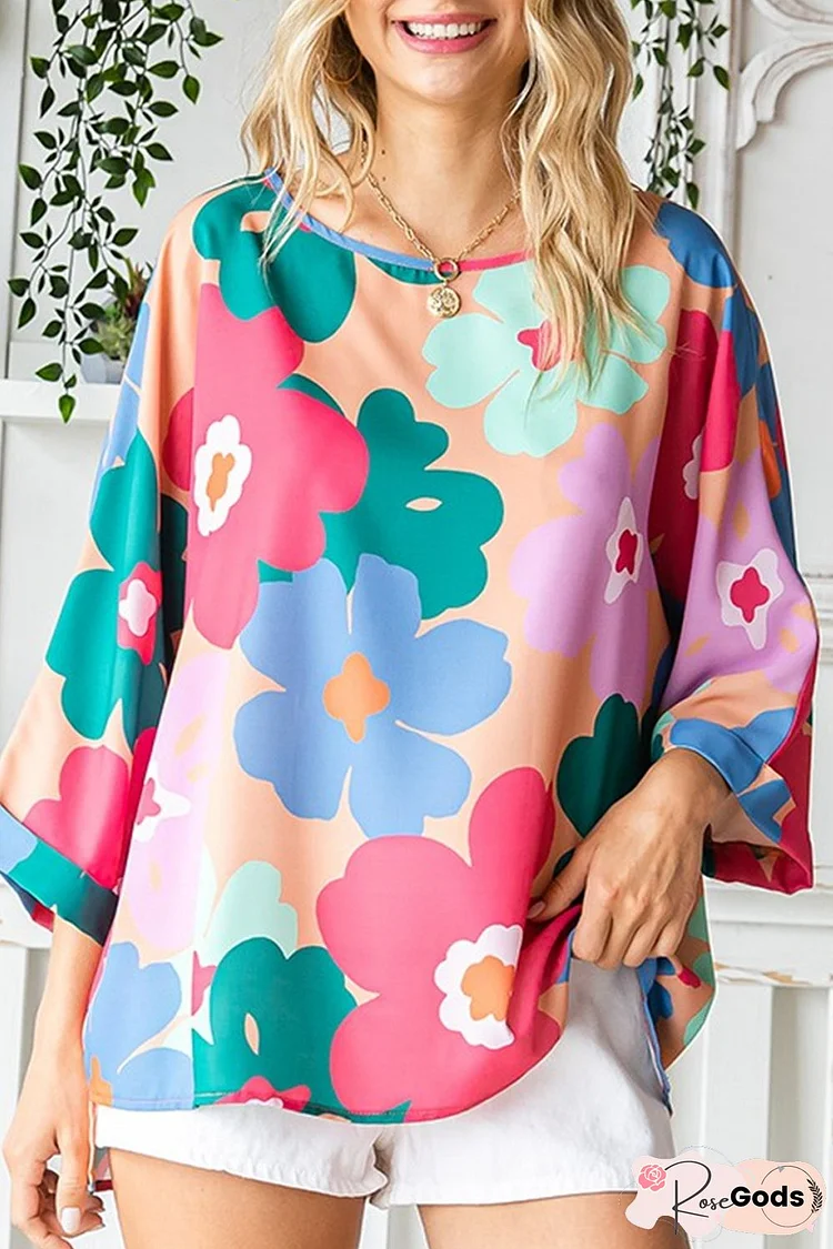 Pink Vintage Floral Boho Oversized Blouse with Bracelet Sleeves