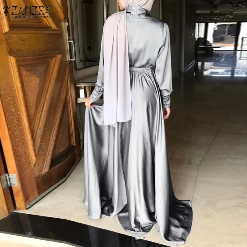 ZANZEA Women Autumn Muslim Sundress Fashion V Neck Long Sleeve Satin Long Dress Robe Femme Abaya Hijab Dress Islamic Clothing