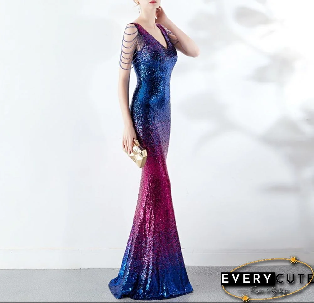 6 Colors Sexy Sequined Evening Party Gowns Women's Deep V Neck Floor-length Cocktail Dress Slim Mermaid Prom Dresses