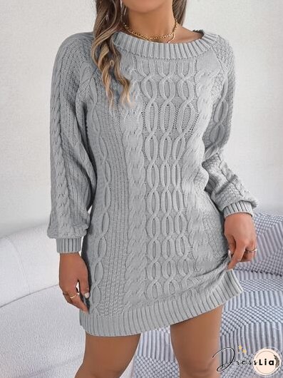 Cable-Knit Round Neck Sweater Dress