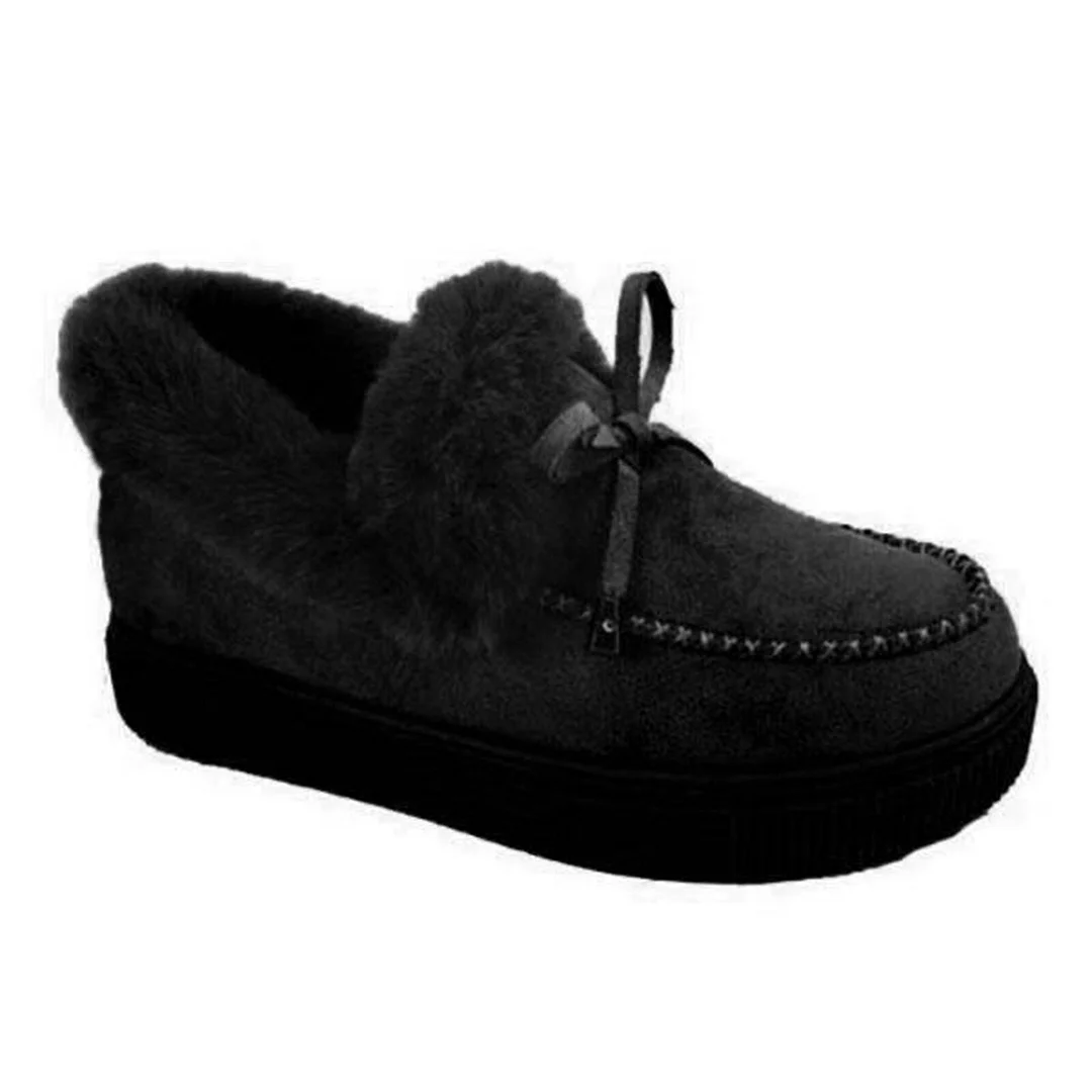 Winter Women Cotton Shoes Casual Slip on Warm Suede Plush Snow Boots Cute Bowknot Fluffy Thick Bottom Flat Platform Ankle Boots