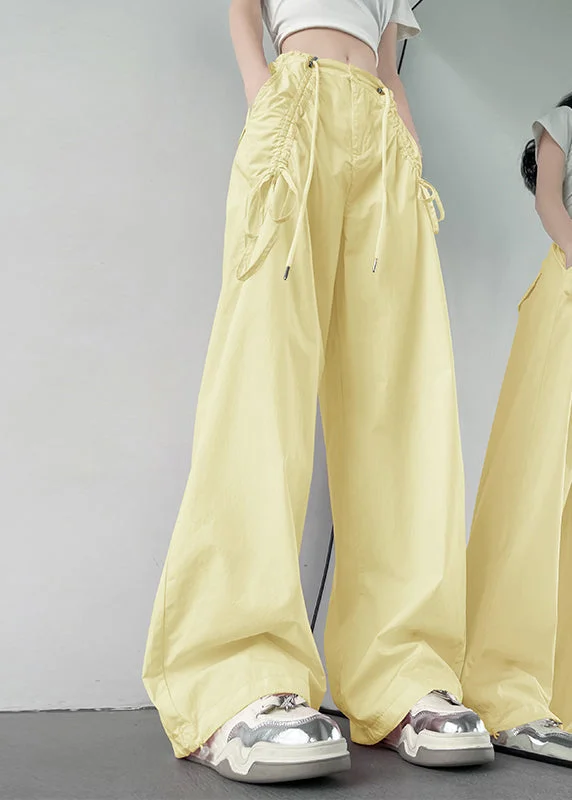 2025 New Yellow Pockets Drawstring High Waist Cotton Pants Spring