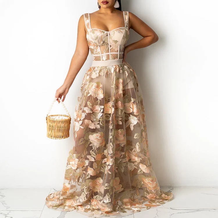 Floral Pattern Sleevelss Spaghetti Strap Sheer Mesh Dress - IRBOOM Fashion Clothing