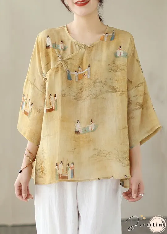 Loose Yellow O Neck Button Print Linen Shirts Batwing Sleeve