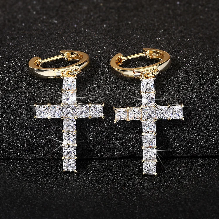 Iced Out Tennis Cross Earrings in Silver-VESSFUL