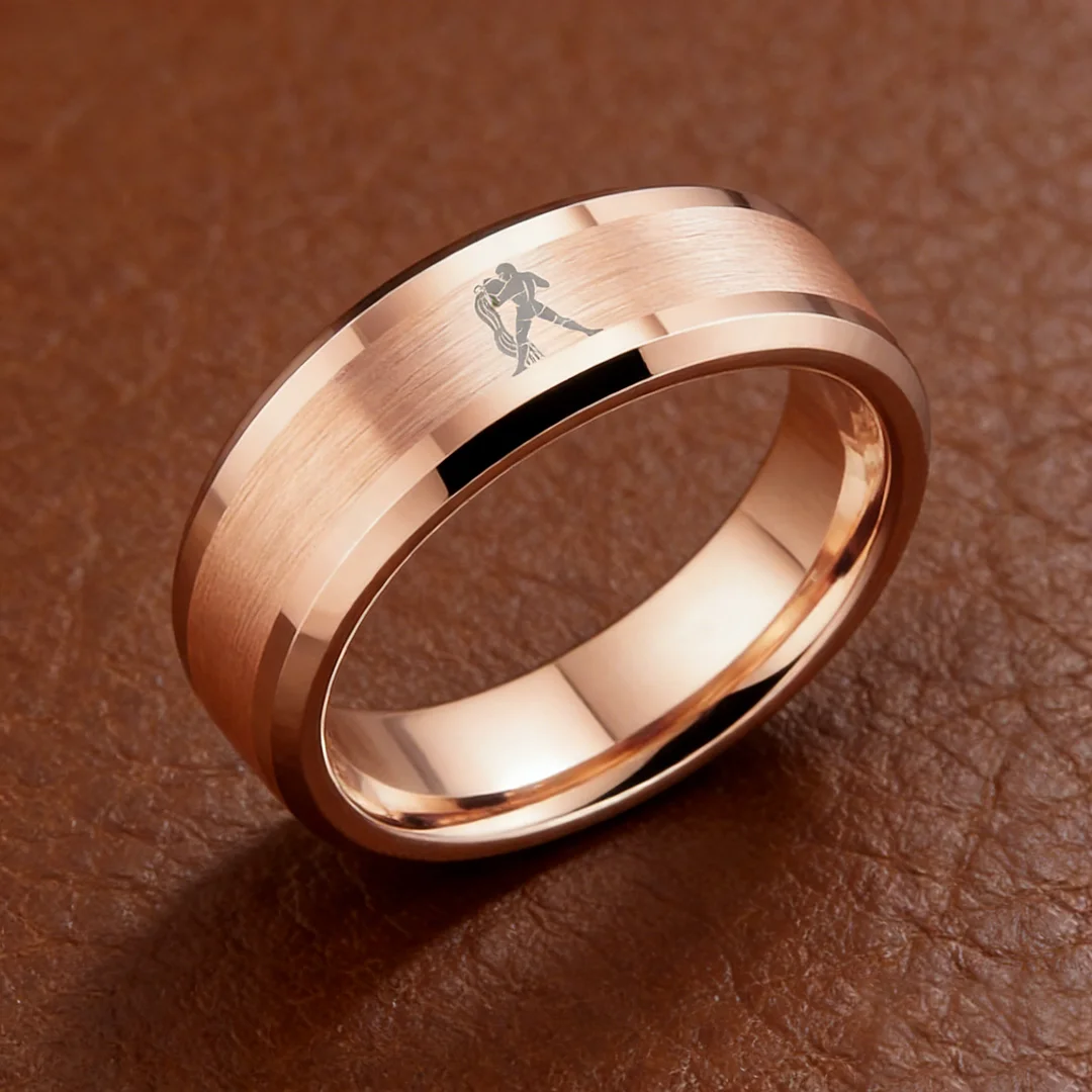 Beveled Edges Rose Gold Laser Etched Tungsten Carbide Ring Rose Gold Aquarius Couple Wedding Bands 4MM 6MM 8MM Width