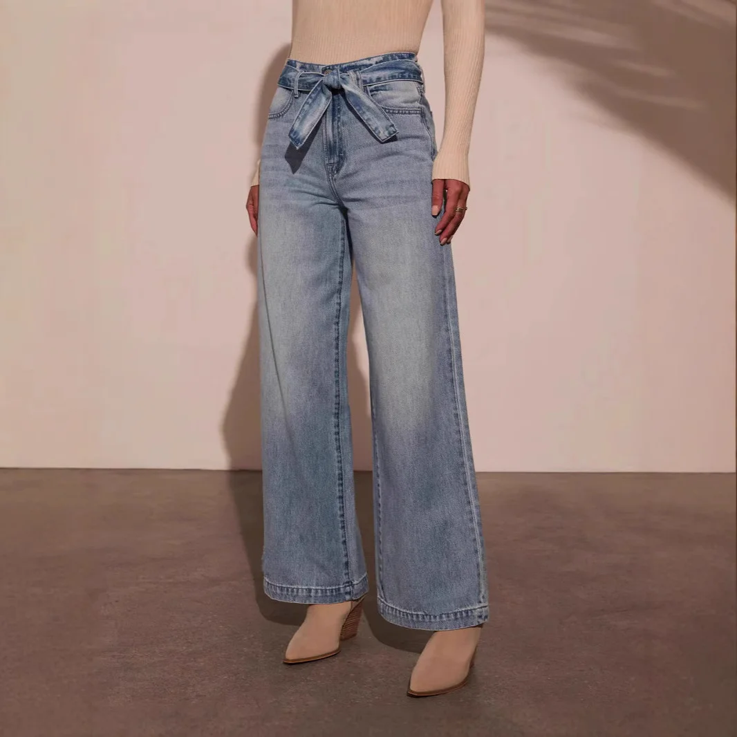Women's High-waisted Tie Belt Straight Wide-leg Jeans