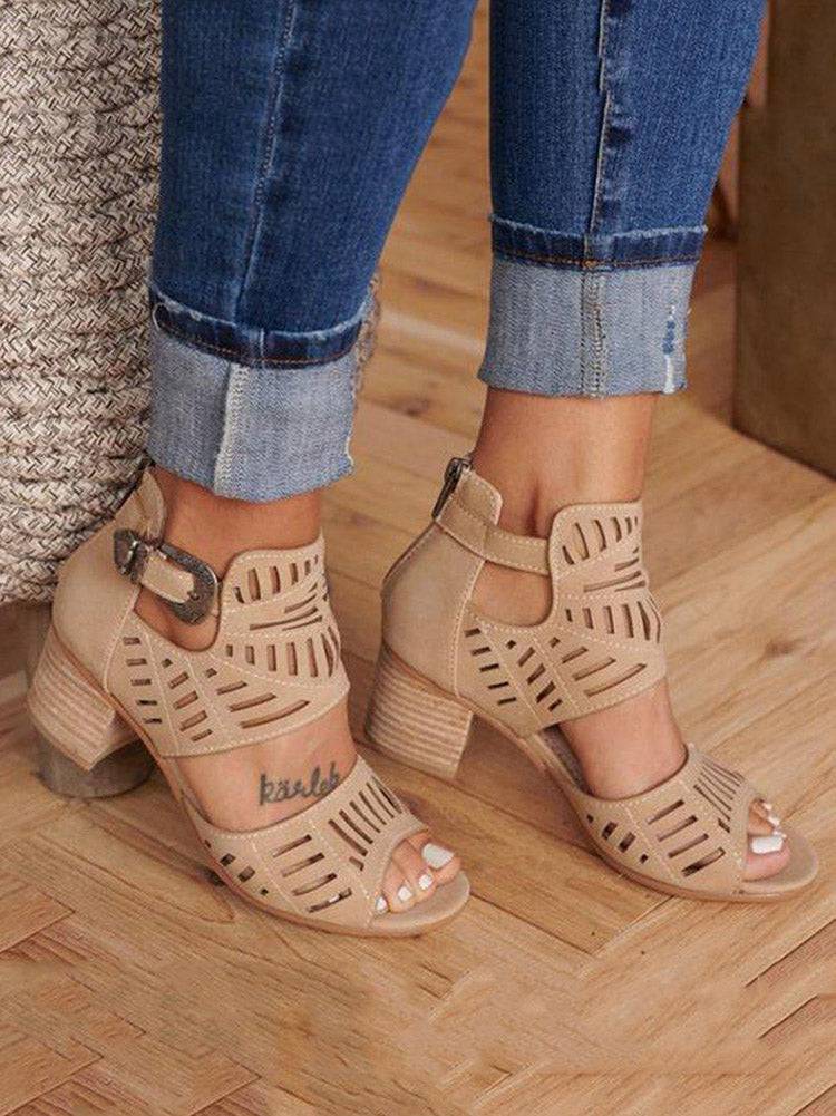 Hollow Out Chunky Heel Sandals - ECHOINE