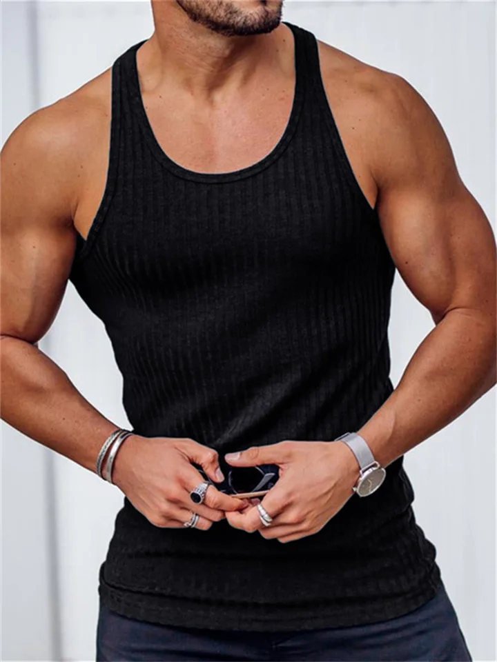Summer Explosion of Solid Color Knitted Vertical Stripes Fitness Sports Slim Undershirt Men Work Word Undershirt-JRSEE