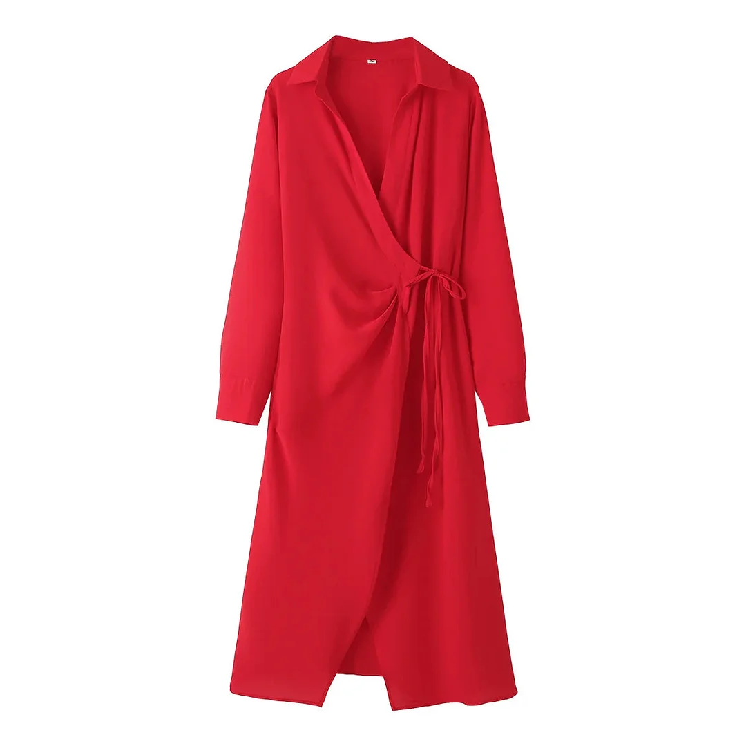 Tlbang New 2024 Women Red Lacing Up Wrap Red Shirt Dress Long Sleeve Lapel Collar Female Spring Dress Midi Vestidos