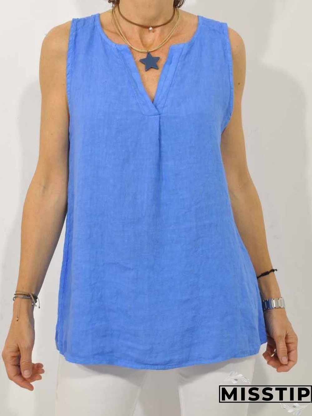 Plus Size Casual Sleeveless V Neck Solid Tops