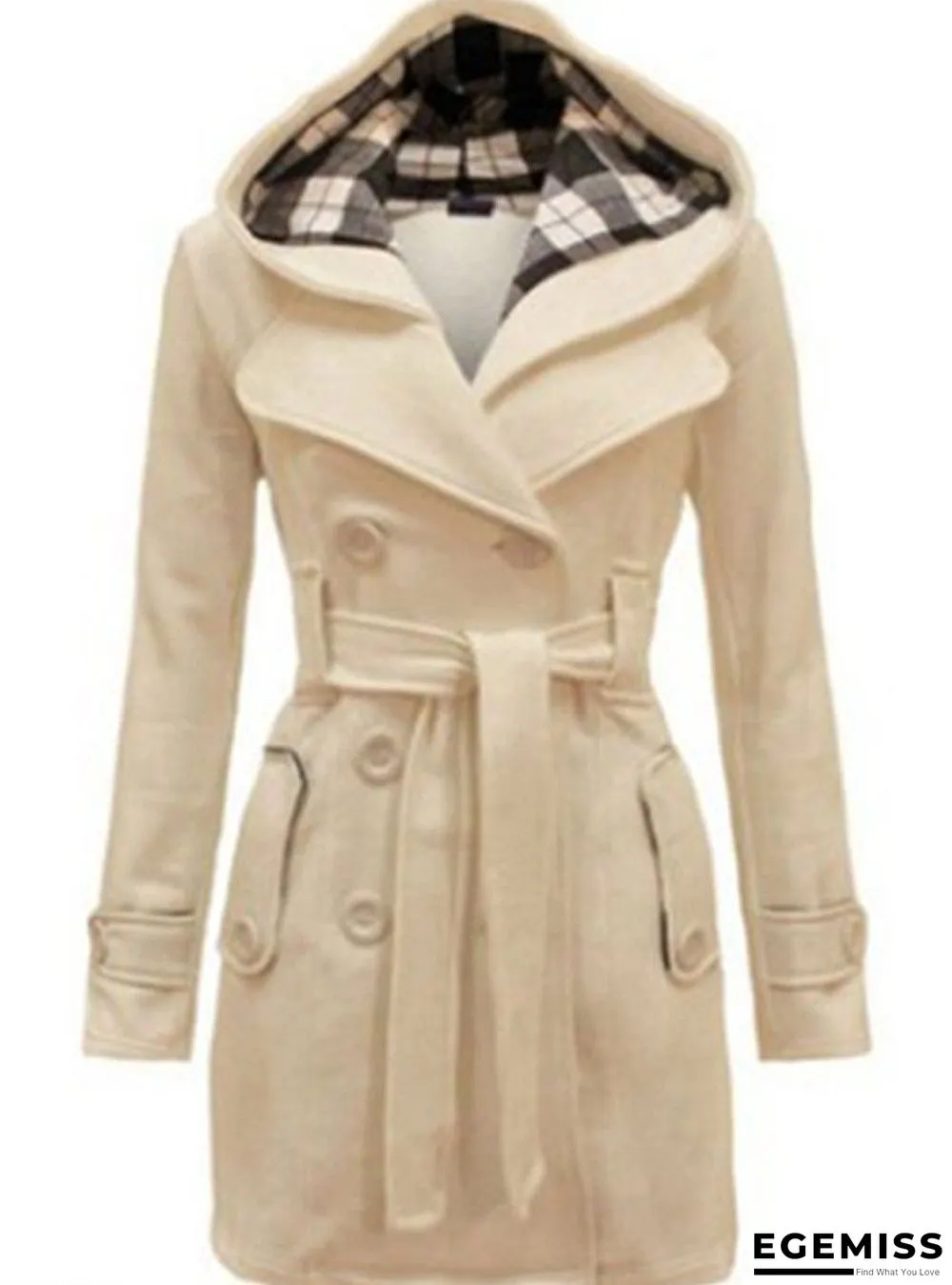 Checked Hooded Woolen Coat With Long Belt | EGEMISS