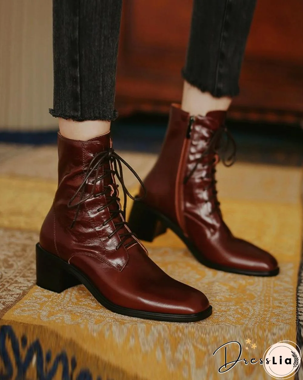 Pointed-toe Solid Color Lace-up Martin Boots