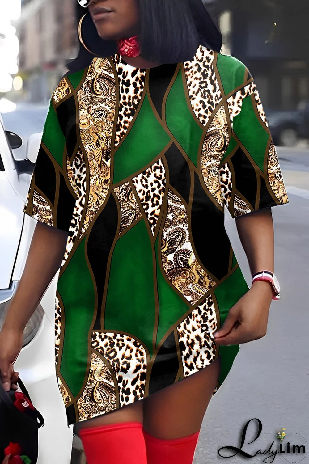 Yellow Casual Print Patchwork V Neck Short Sleeve Dress