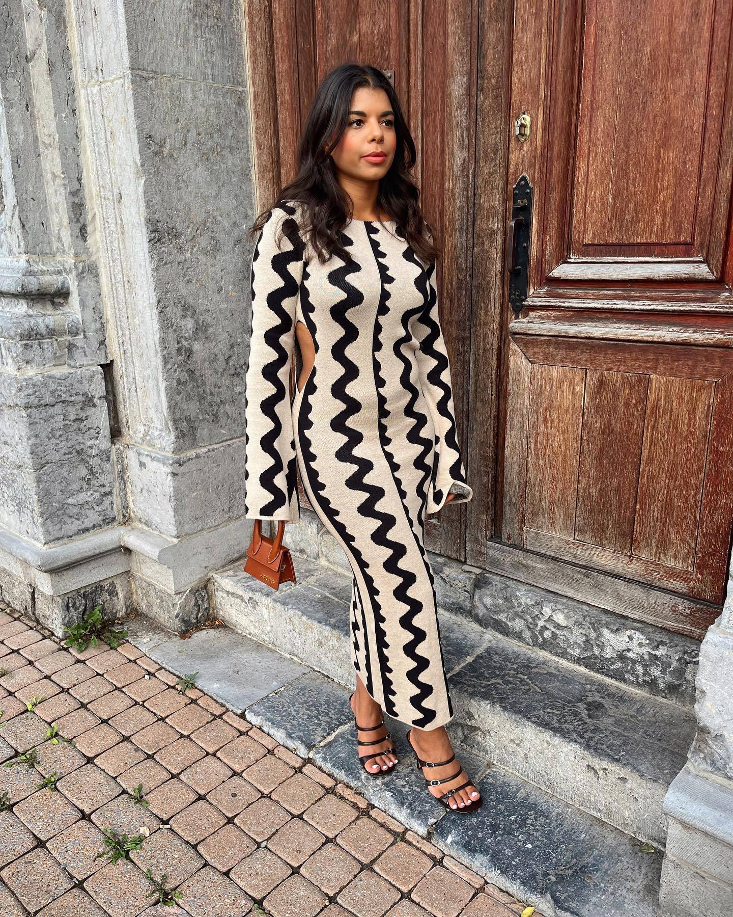 Ootddress Striped Contrast Color Knit Maxi Bodycon Dress Boho High Waisted Hollow Out Slim Dresses Women Holiday Dresses Vestidos