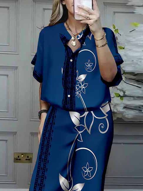 Women Floral, Blue, White DZDL1167 V-neck Short Sleeve Blouse and Pants Set