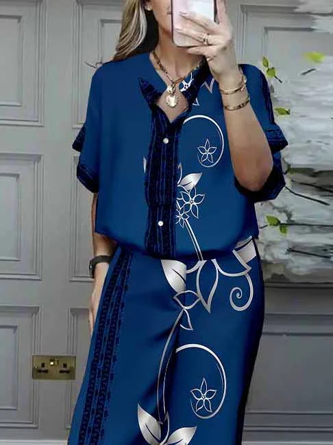 Women Floral, Blue, White DZDL1167 V-neck Short Sleeve Blouse and Pants Set