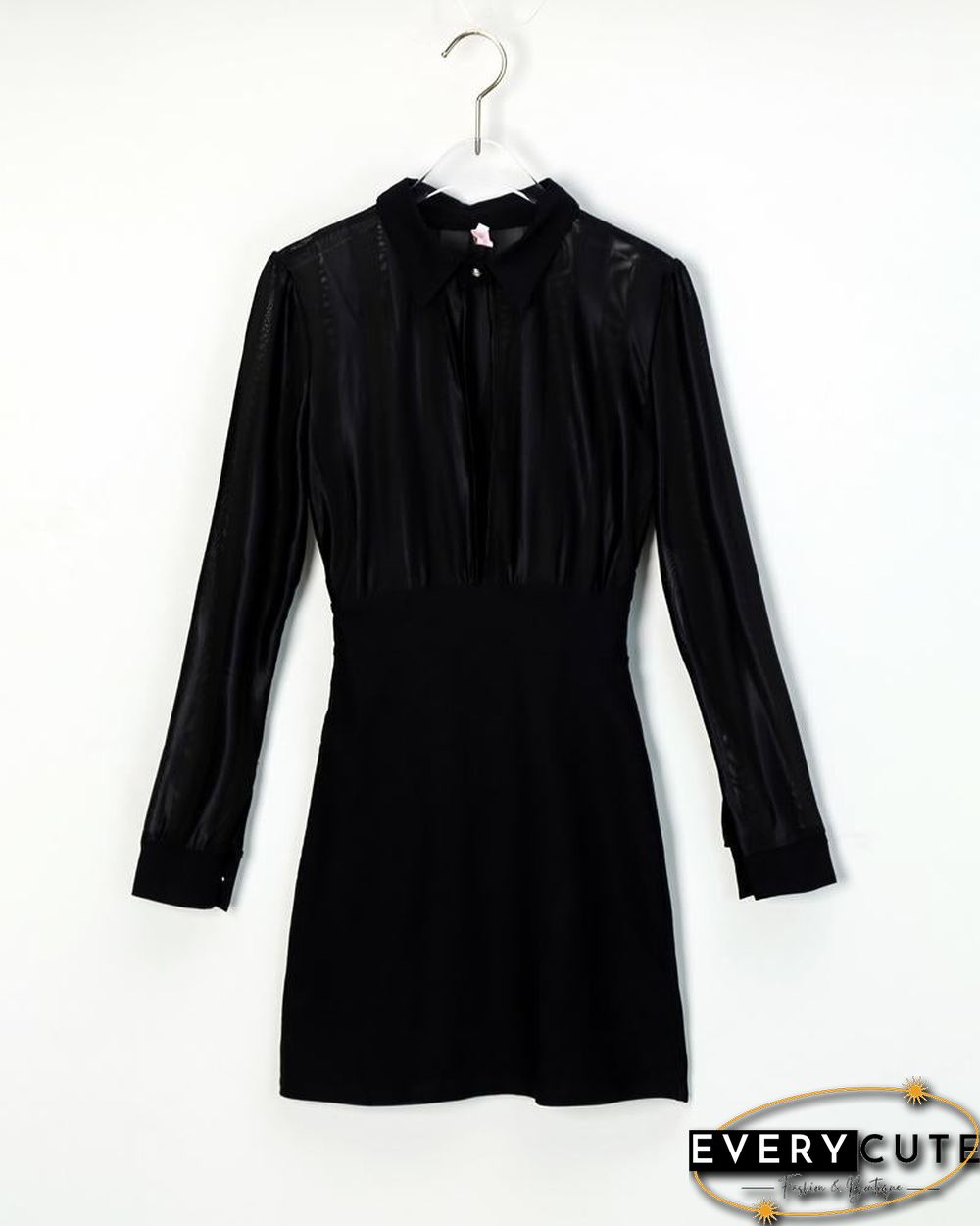 Sheer Mesh & Stripes Keyhole Front Bodycon Dress Black Dresses