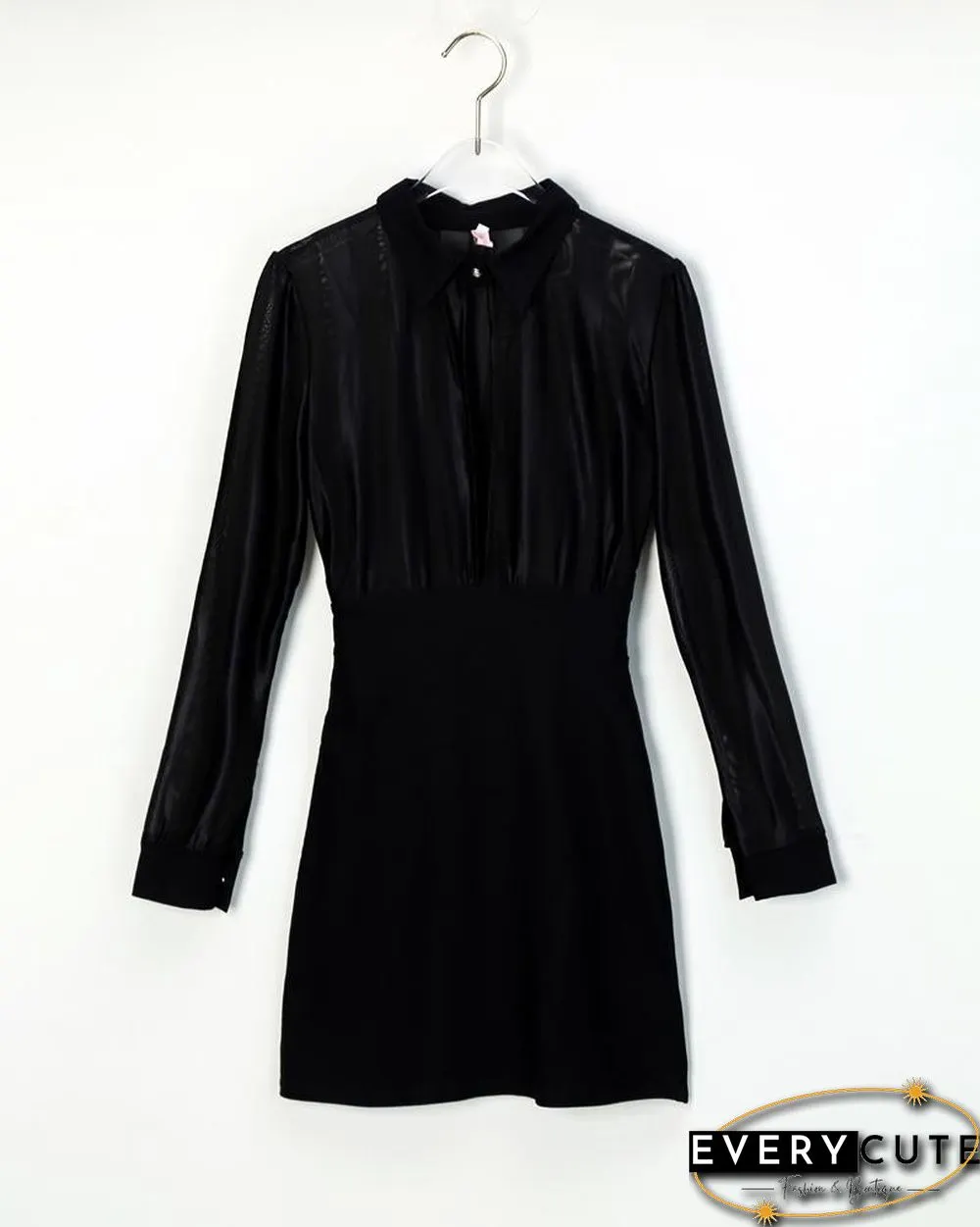 Sheer Mesh & Stripes Keyhole Front Bodycon Dress Black Dresses