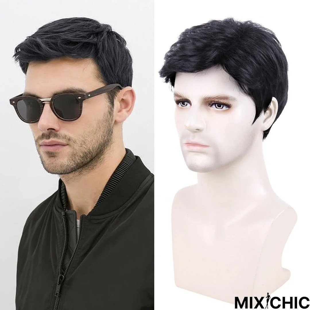 Men's Short Hair Men's Wig Black Chemical Fiber Hair Cover Synthetic Wigs