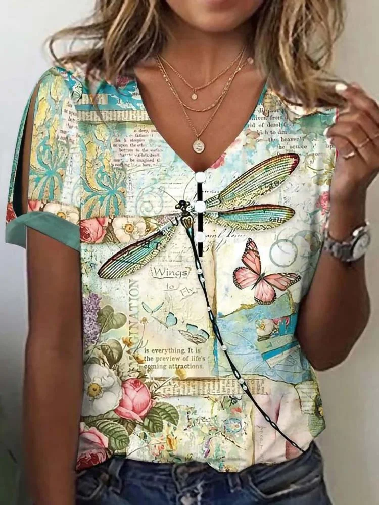 Women's Dragonfly Print T-Shirt Short Sleeve V-Neck Tops
