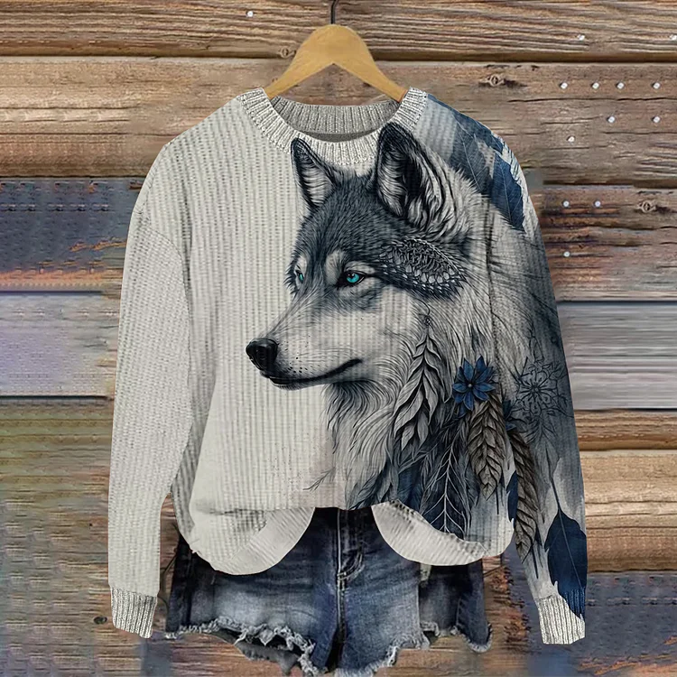 VChics Women's Western Wolf Art Round Neck Casual Sweater