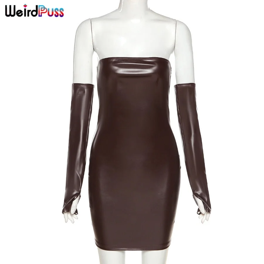 Weird Puss Women Sexy Short Faux PU Leather With Gloves Party Dress fitness Skinny bodycon Backless Hot Street Fashion Clubwear