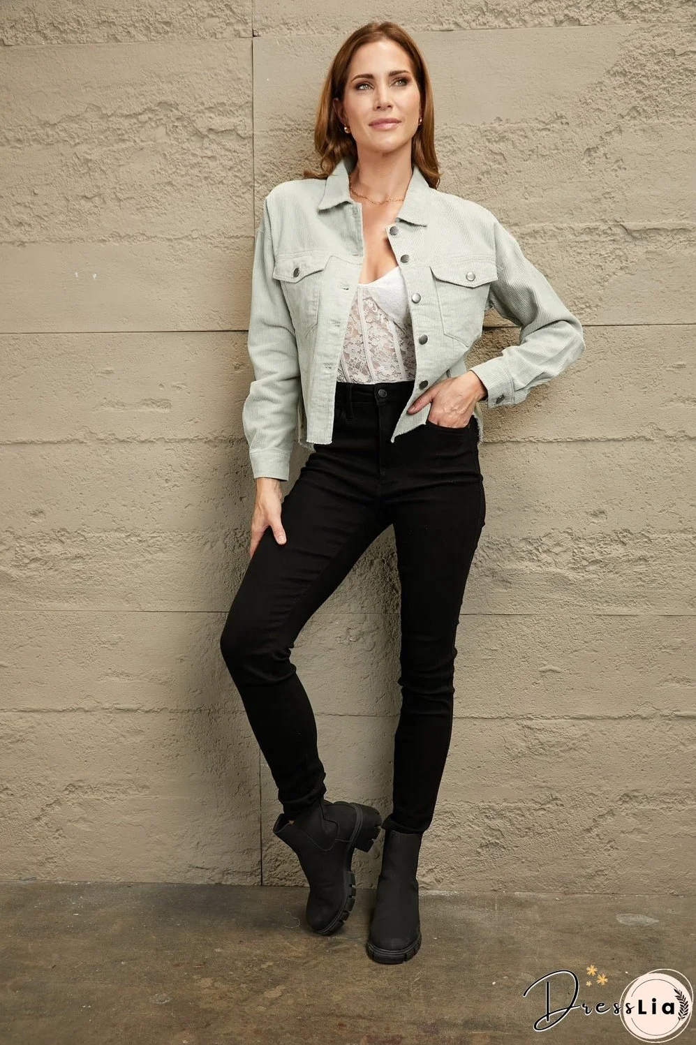 Double Take Raw Hem Button Down Corduroy Jacket with Pockets