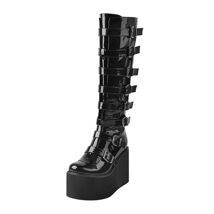 Women’s Patent Leather Platform Multiple Buckle Boots