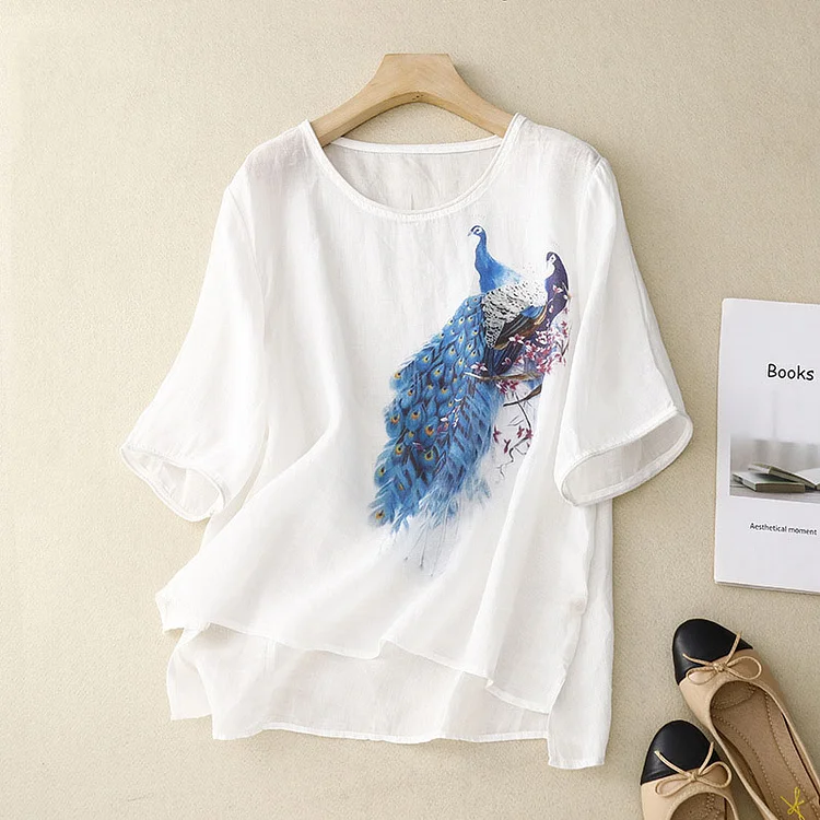 Women's Casual Peacock Print Cotton Shirt