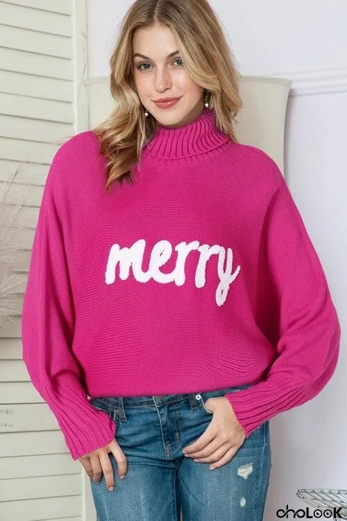 Merry Letter Embroidered High Neck Sweater