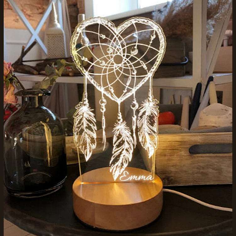 Lámpara 3D ilusión luz de noche en forma de corazón atrapasueños personalizada con 1 nombre