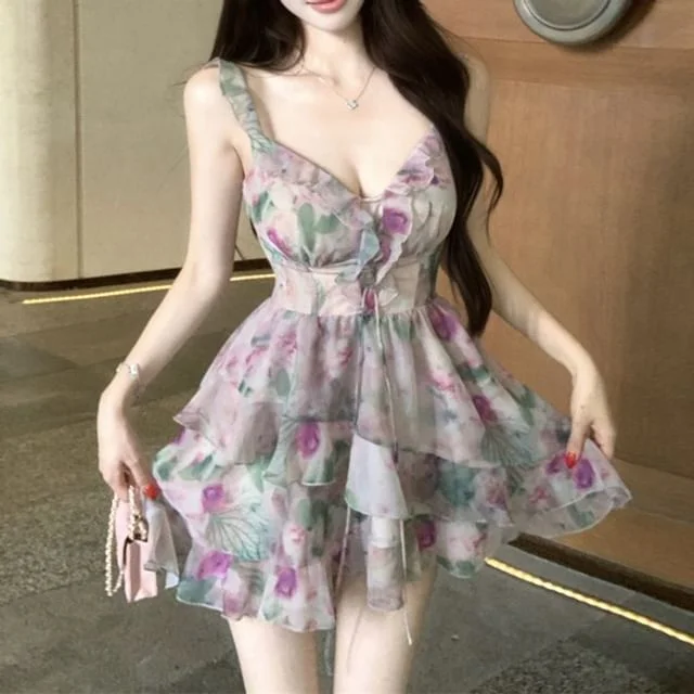 A-Line Sleeveless Mini V-Neck Dress Print Floral Ruffle