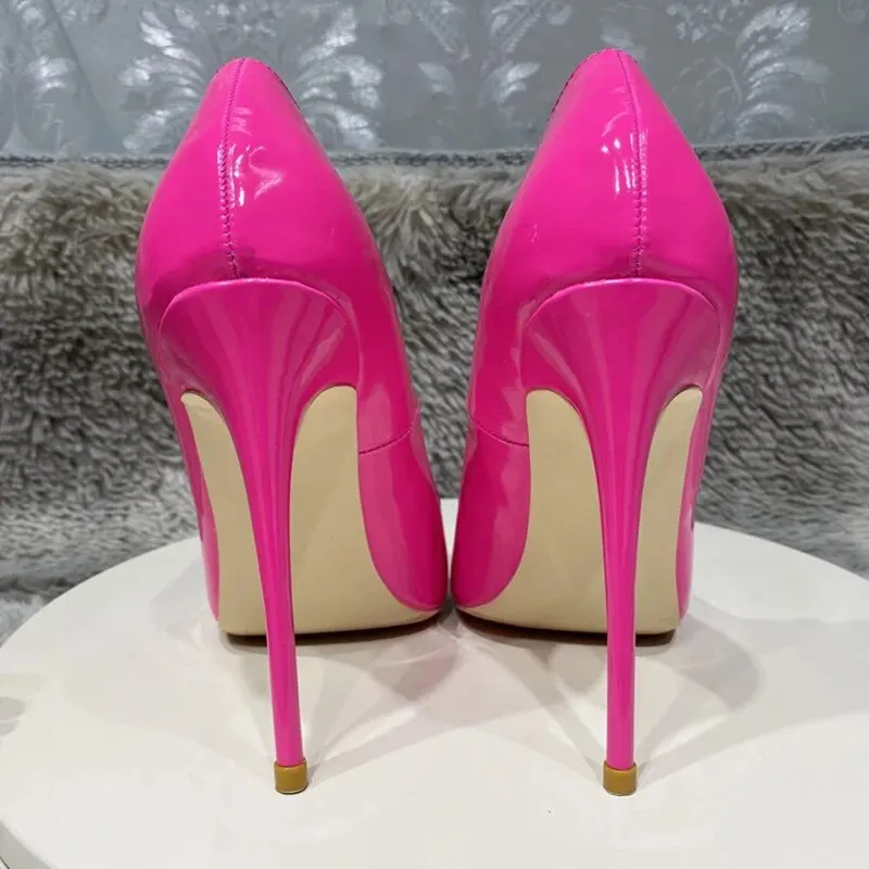 VCshoes Women Pumps Stilettos Rose Red Glossy Patent 12cm Side V Cut High Heels Pointed Toe Celebrity Dress Shoes Size33-46