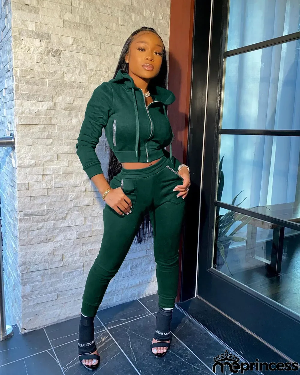 Solid Color Hooded Sports Casual Two Piece Set