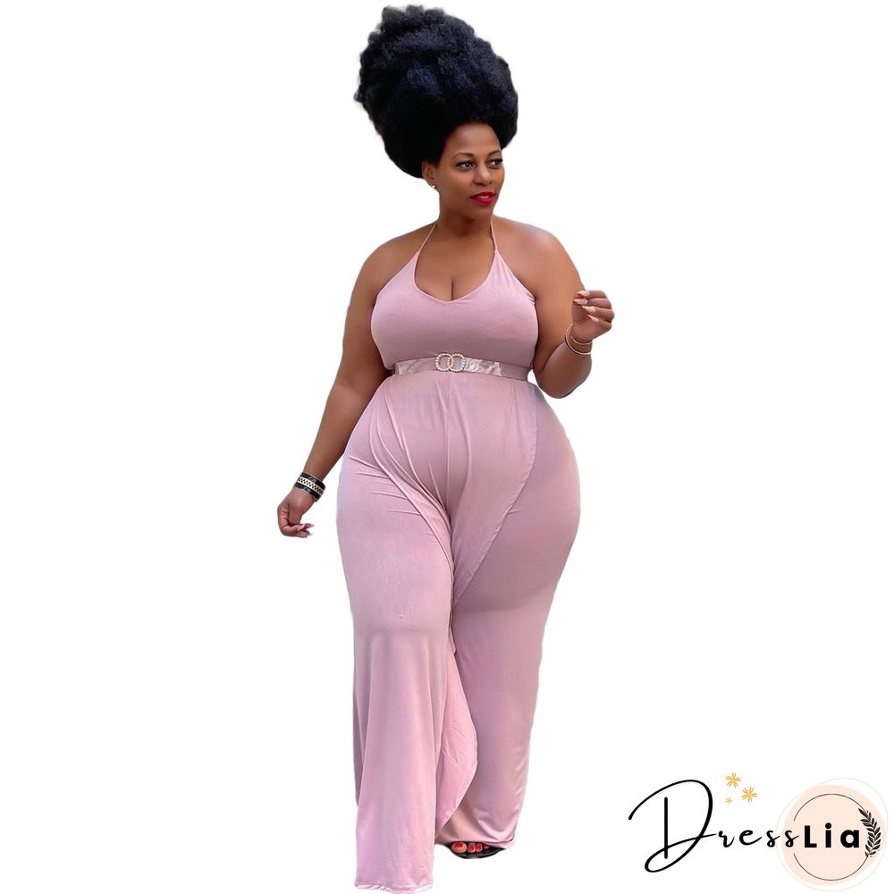 Casual Solid Color Sleeveless Ruffle Halter Lace Up Party Club Summer Plus Size Loose Wide Leg Jumpsuits