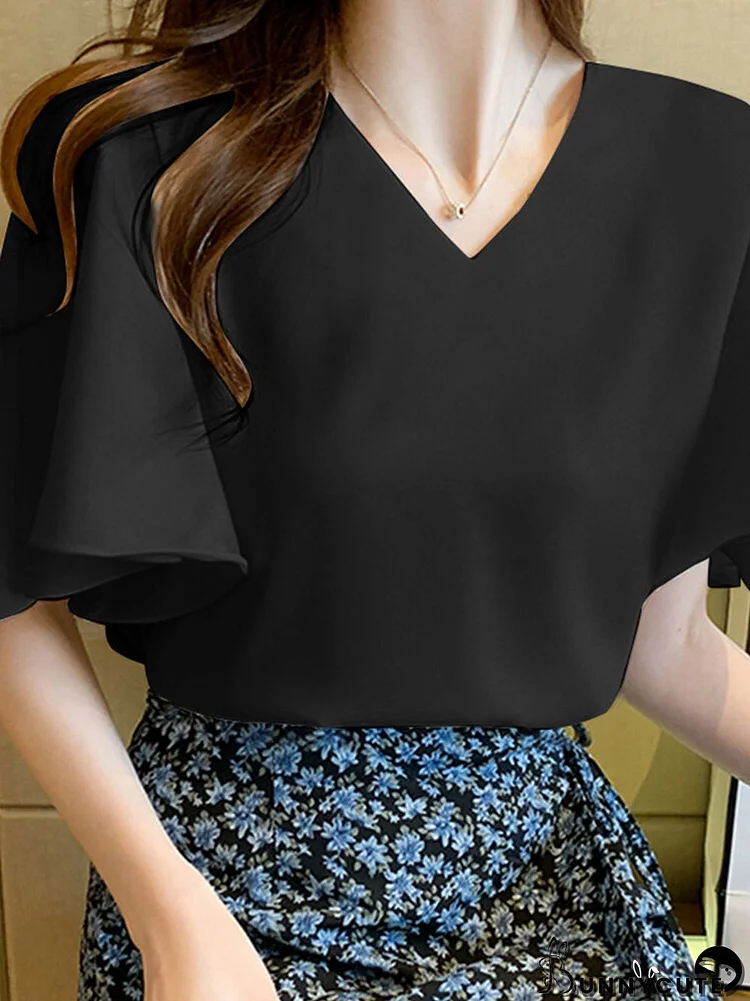 Ruffle Sleeve Solid V-neck Blouse For Women