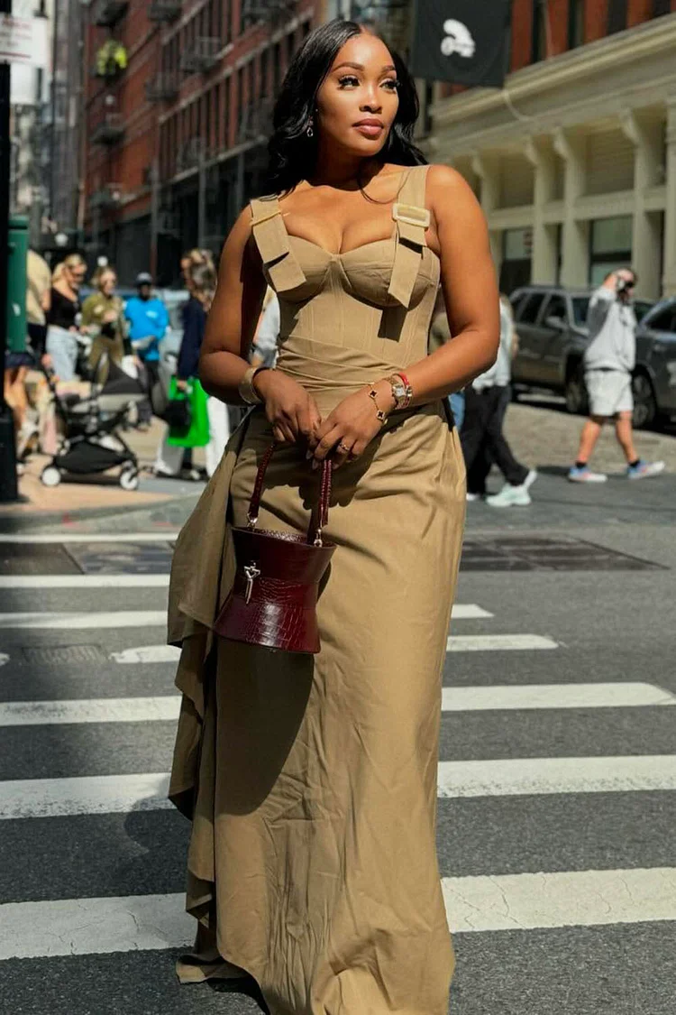 Straps Cinch Waist Sash Decor Cargo Sleeveless Maxi Dresses-Khaki [Pre Order]