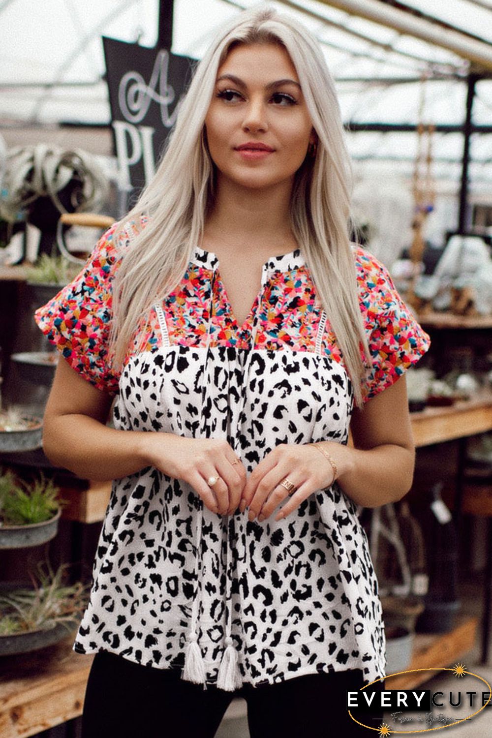 Leopard Mix Print Tassel Tie Blouse