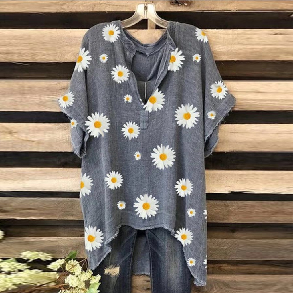 Women Summer Short Sleeve Tunic Tops Vintage Shirt Robe Femme Print Blusas Plus Size Cotton Linen Blouse Chemise